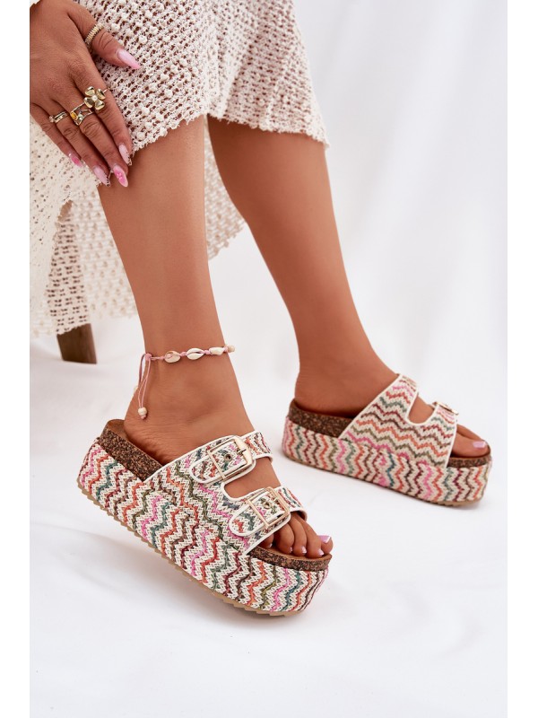 Women's Sandals On Chunky Platform With Weaving And Buckles Multicolor
