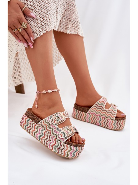Women's Sandals On Chunky Platform With Weaving And Buckles Multicolor