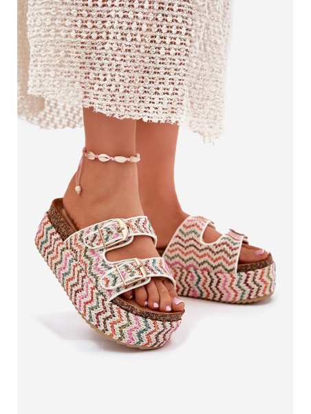 Women's Sandals On Chunky Platform With Weaving And Buckles Multicolor