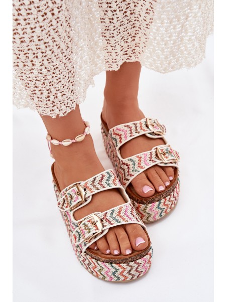 Women's Sandals On Chunky Platform With Weaving And Buckles Multicolor