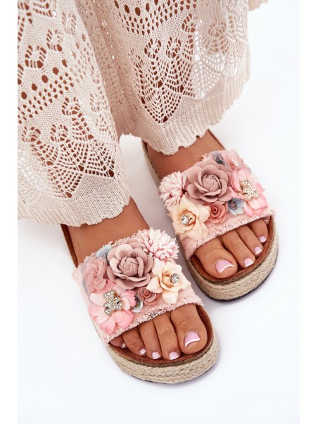 Ladies Platform Sandals With Braiding And Flowers Pink Chellia