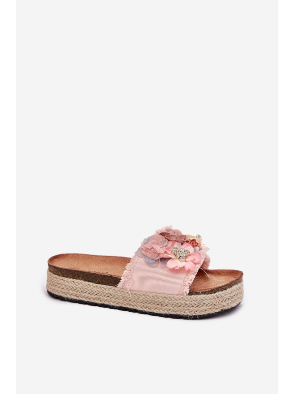 Ladies Platform Sandals With Braiding And Flowers Pink Chellia