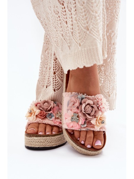 Ladies Platform Sandals With Braiding And Flowers Pink Chellia