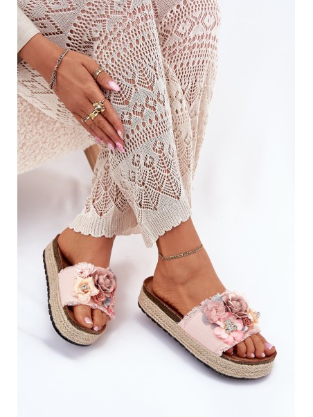 Ladies Platform Sandals With Braiding And Flowers Pink Chellia