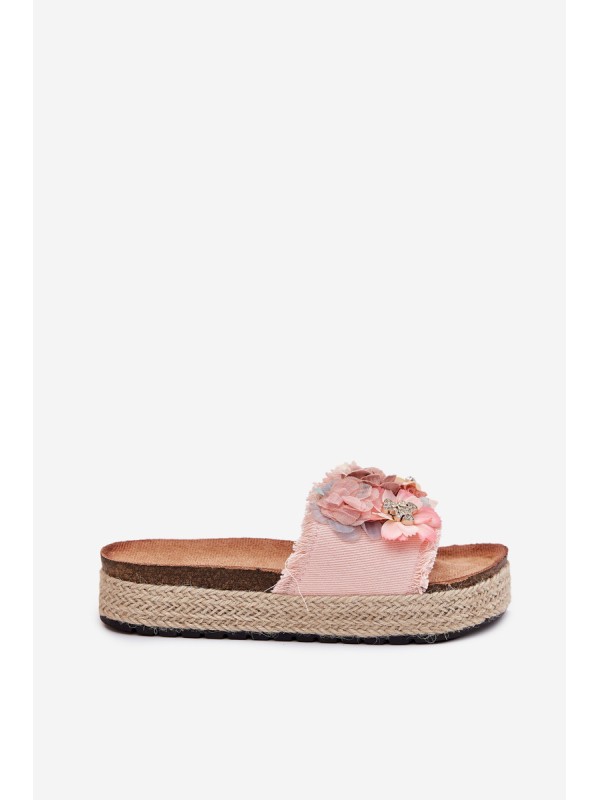 Ladies Platform Sandals With Braiding And Flowers Pink Chellia