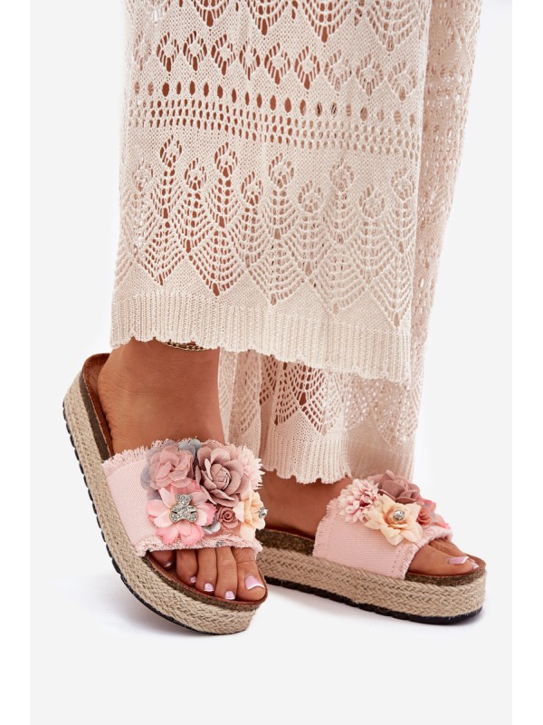 Ladies Platform Sandals With Braiding And Flowers Pink Chellia
