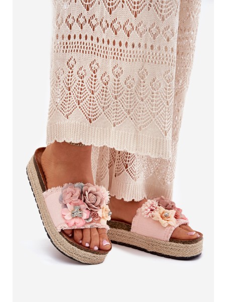 Ladies Platform Sandals With Braiding And Flowers Pink Chellia