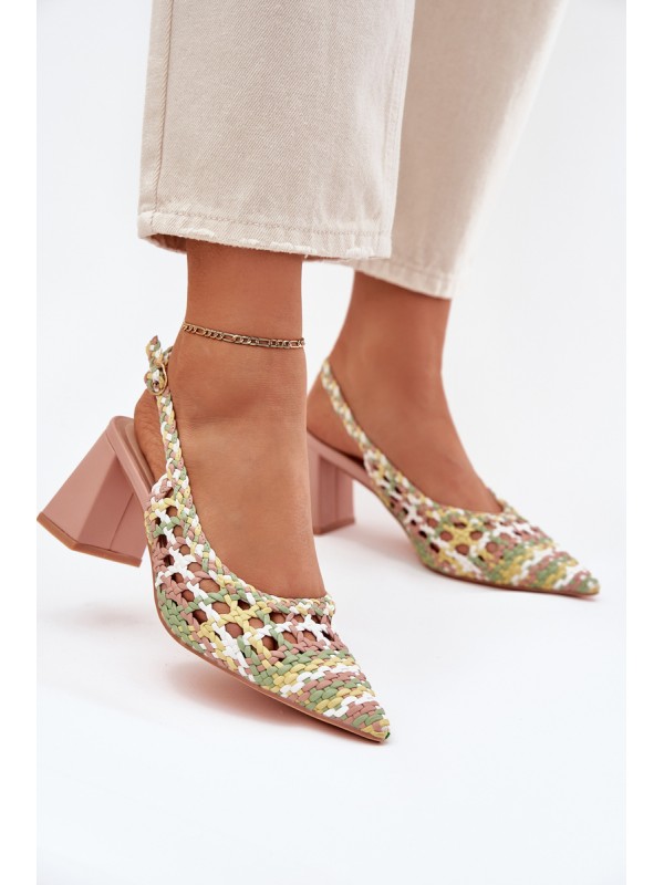 Woven Block Heel Sandals Pink Ebina