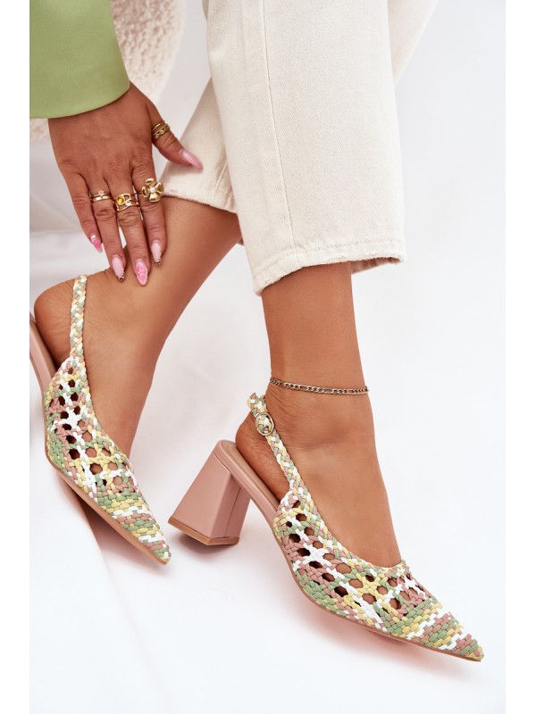 Woven Block Heel Sandals Pink Ebina