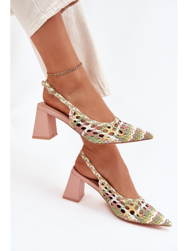 Woven Block Heel Sandals Pink Ebina