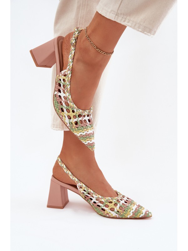 Woven Block Heel Sandals Pink Ebina