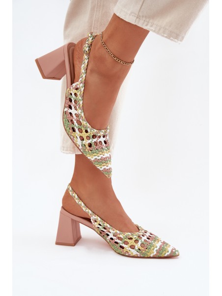 Woven Block Heel Sandals Pink Ebina
