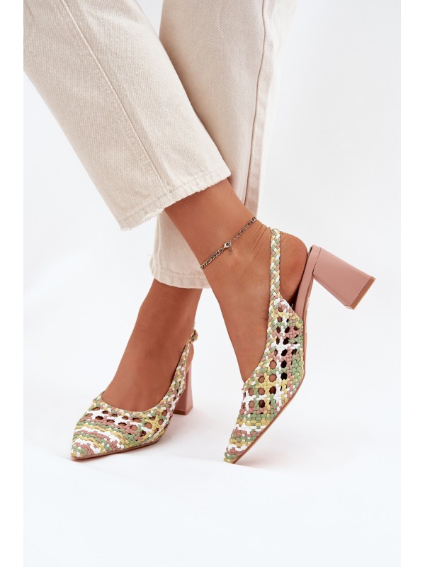 Woven Block Heel Sandals Pink Ebina