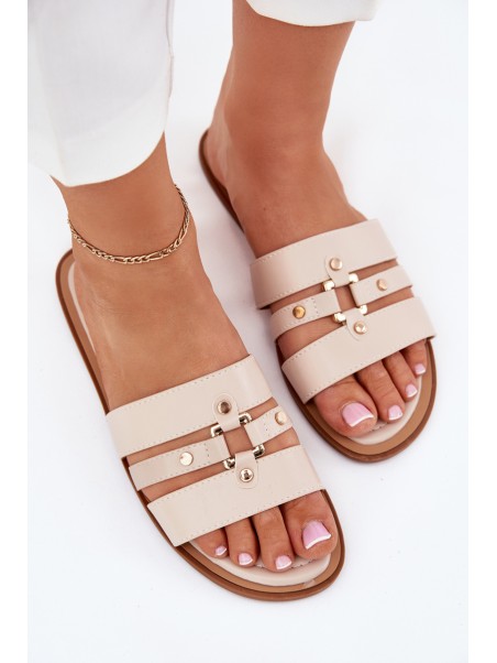 Flat Women's Slippers With Golden Detail Beige Noroti
