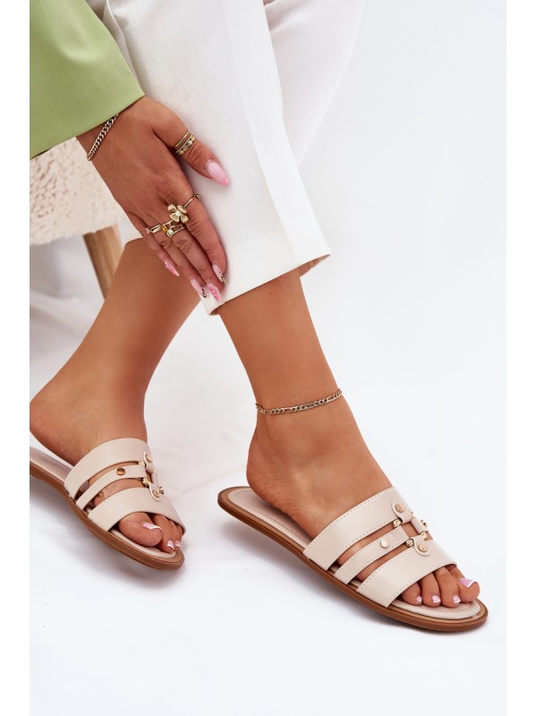 Flat Women's Slippers With Golden Detail Beige Noroti