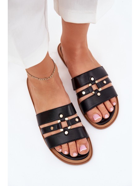 Flat Women's Sandals With Gold Detail Black Noroti