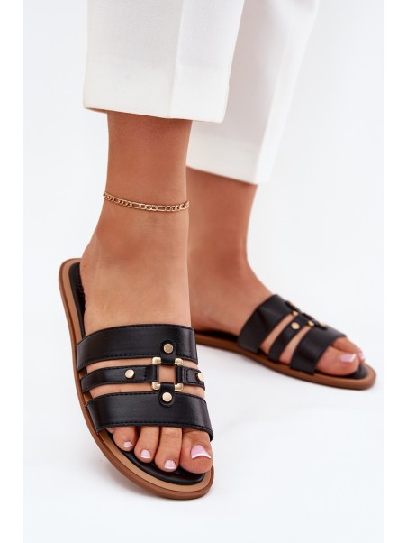 Flat Women's Sandals With Gold Detail Black Noroti