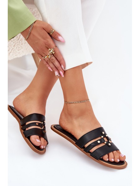 Flat Women's Sandals With Gold Detail Black Noroti