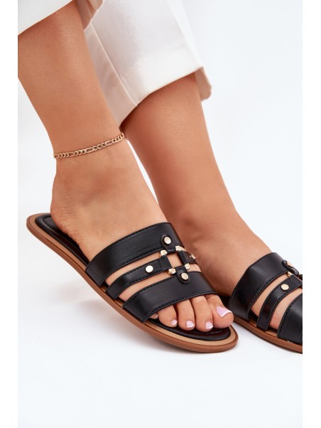 Flat Women's Sandals With Gold Detail Black Noroti