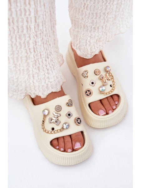 Ladies Foam Slippers With Golden Clips Light Beige Hortiana