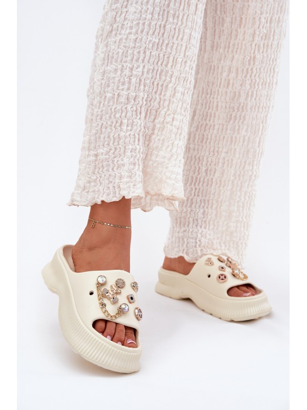 Ladies Foam Slippers With Golden Clips Light Beige Hortiana