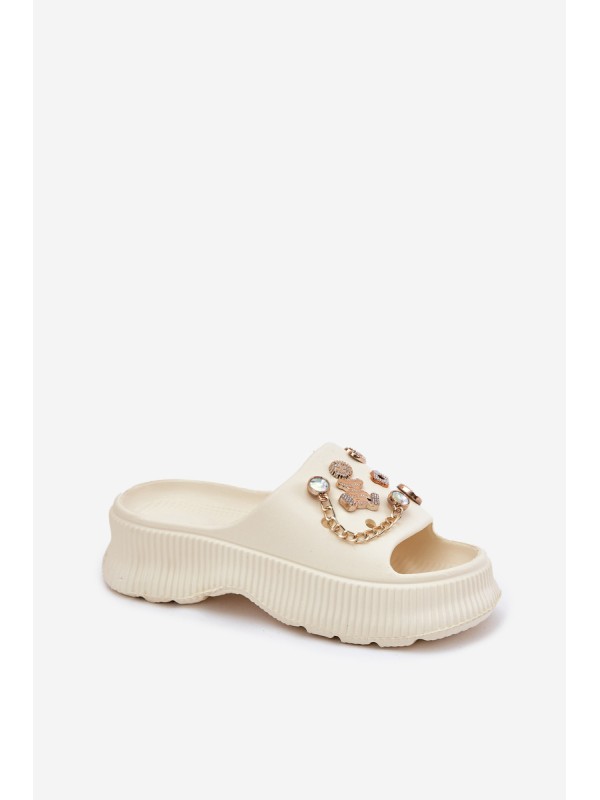 Ladies Foam Slippers With Golden Clips Light Beige Hortiana