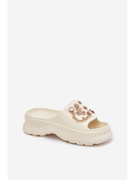 Ladies Foam Slippers With Golden Clips Light Beige Hortiana