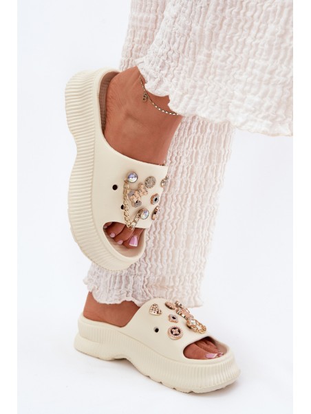 Ladies Foam Slippers With Golden Clips Light Beige Hortiana