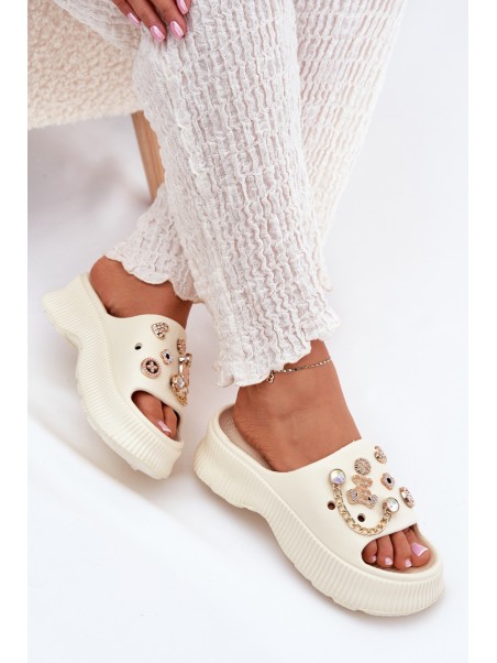 Ladies Foam Slippers With Golden Clips Light Beige Hortiana