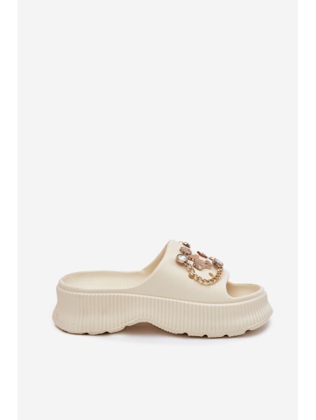 Ladies Foam Slippers With Golden Clips Light Beige Hortiana