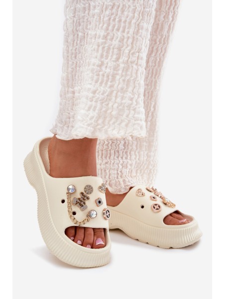 Ladies Foam Slippers With Golden Clips Light Beige Hortiana