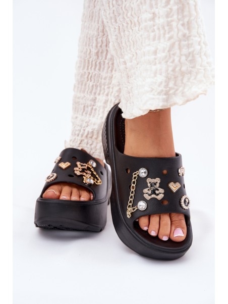 Foam Women's Slippers on Massive Platform with Golden Decorations Black Ivoriel