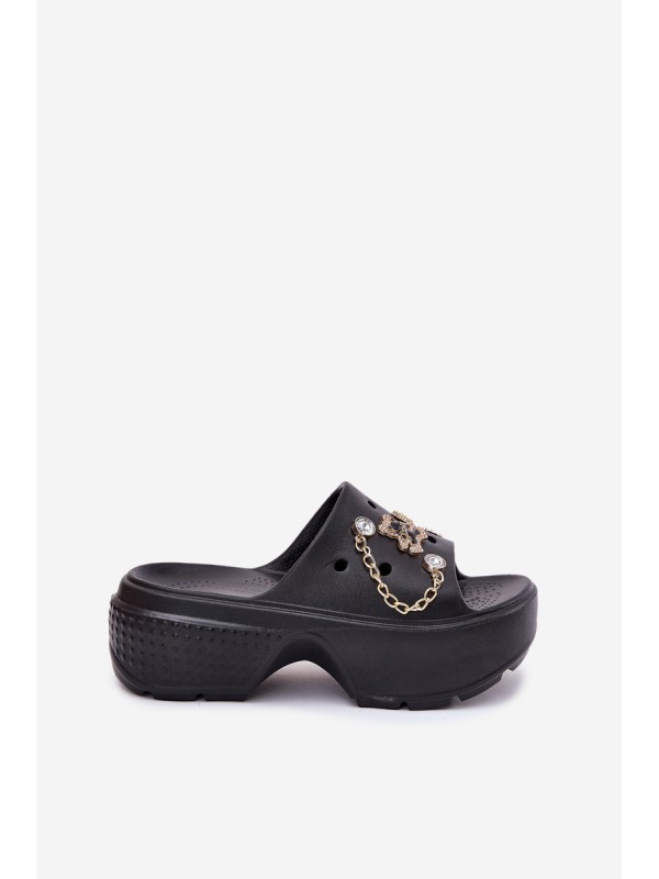 Foam Women's Slippers on Massive Platform with Golden Decorations Black Ivoriel