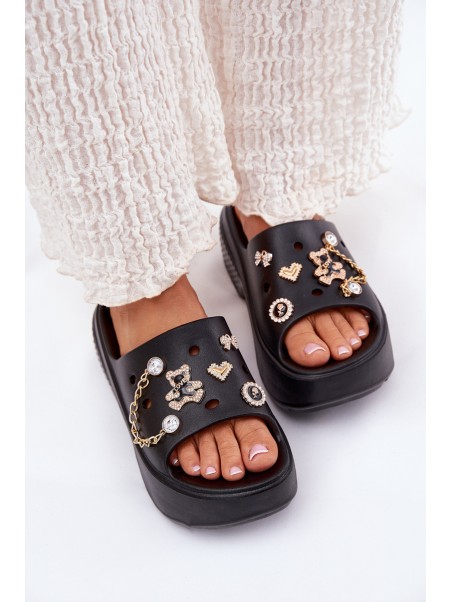 Foam Women's Slippers on Massive Platform with Golden Decorations Black Ivoriel