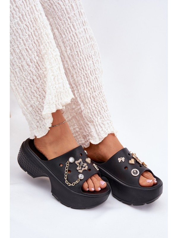 Foam Women's Slippers on Massive Platform with Golden Decorations Black Ivoriel