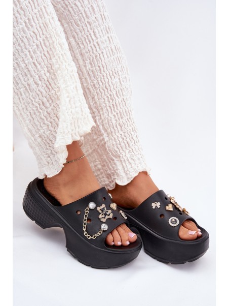 Foam Women's Slippers on Massive Platform with Golden Decorations Black Ivoriel