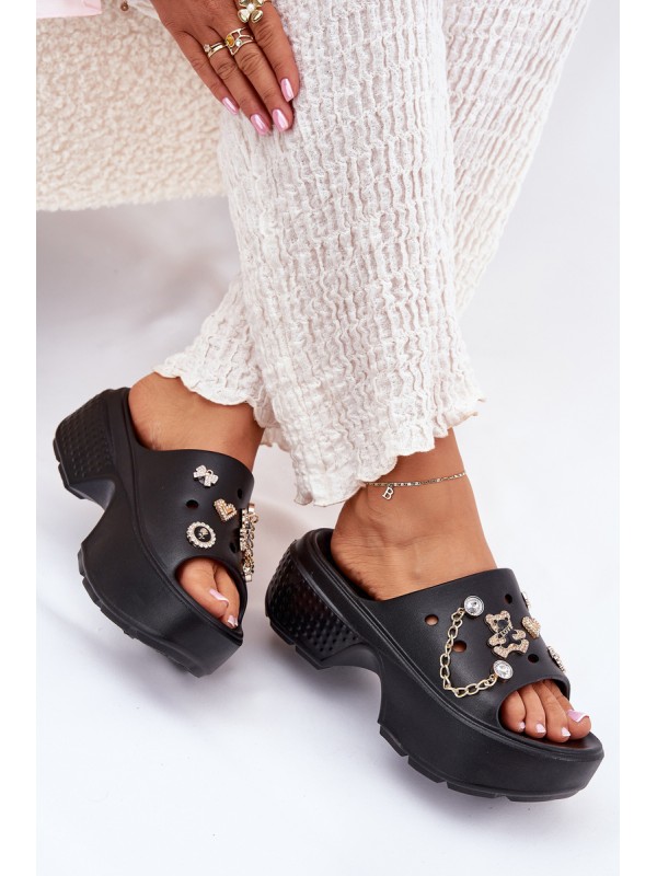 Foam Women's Slippers on Massive Platform with Golden Decorations Black Ivoriel