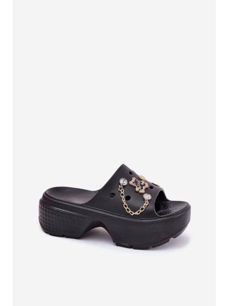 Foam Women's Slippers on Massive Platform with Golden Decorations Black Ivoriel