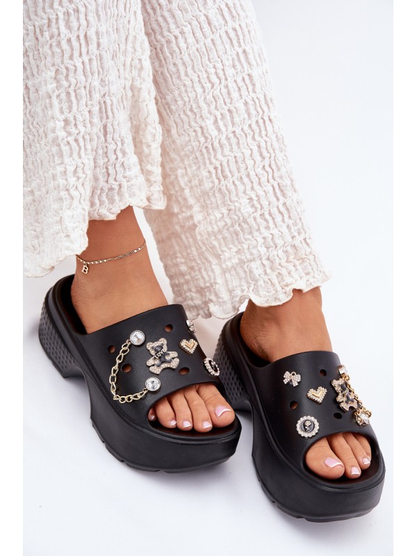 Foam Women's Slippers on Massive Platform with Golden Decorations Black Ivoriel