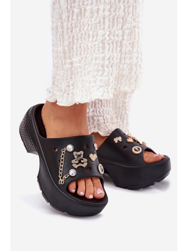 Foam Women's Slippers on Massive Platform with Golden Decorations Black Ivoriel