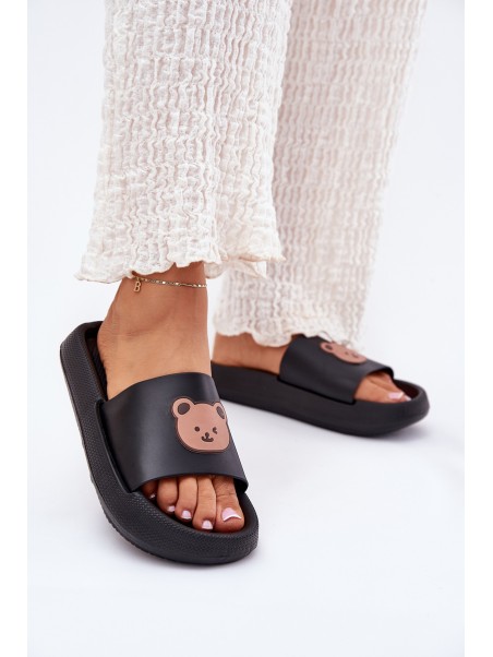 Women's Foam Slippers With Bear Black Lalon