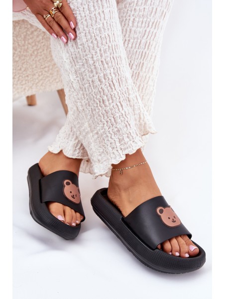Women's Foam Slippers With Bear Black Lalon
