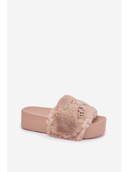 Women's Platform Slippers With Fur And Gold Accessories Beige Livira