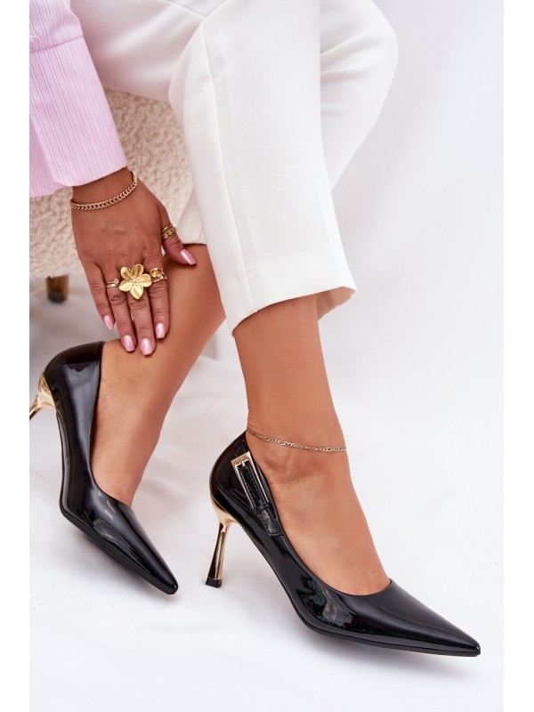 Lacquered Stiletto Heels With Golden Buckle Black Mivira