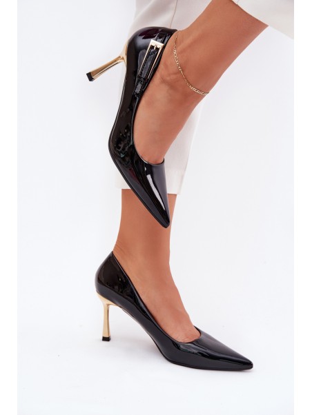Lacquered Stiletto Heels With Golden Buckle Black Mivira