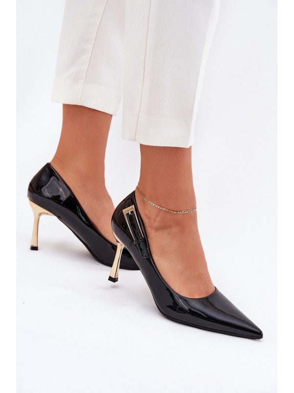 Lacquered Stiletto Heels With Golden Buckle Black Mivira