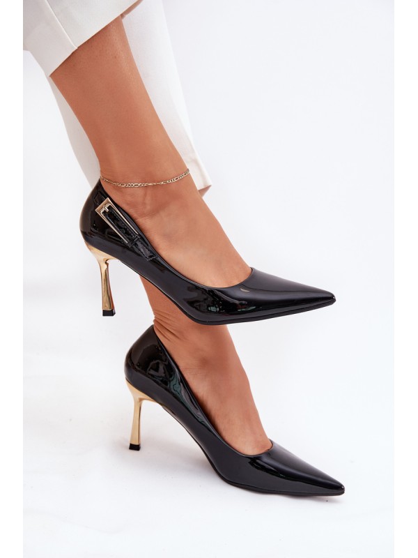 Lacquered Stiletto Heels With Golden Buckle Black Mivira