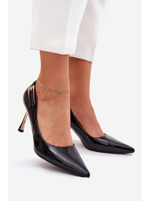Lacquered Stiletto Heels With Golden Buckle Black Mivira