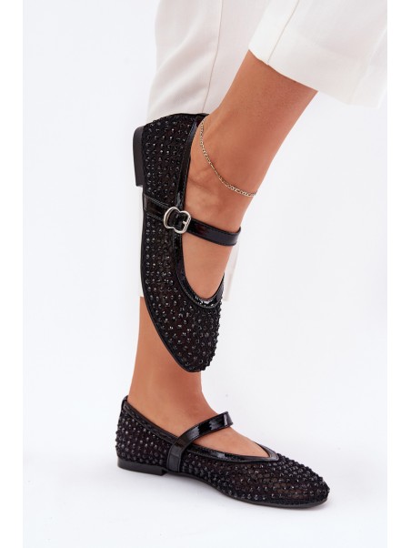 Embellished Women's Ballerinas With Strap And Buckle Black Avirae