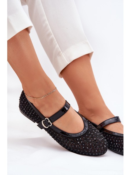Embellished Women's Ballerinas With Strap And Buckle Black Avirae